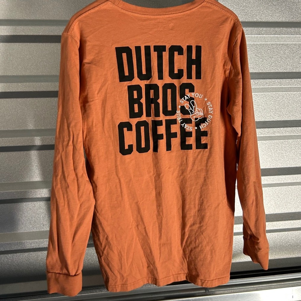 Dutch Bros Coffee Shirt Mens XL Orange Long Sleeve Graphic Chenille Patch Tee